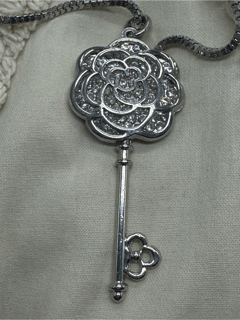 Silver Tone Rhinestone Key Pendant Statement Necklace